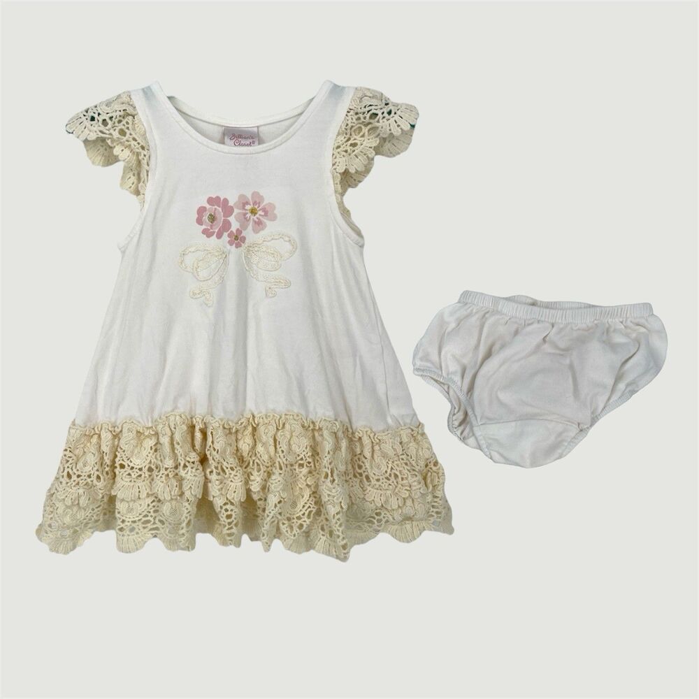 Vintage Baby Crochet Lace Pink Frilly Bow Bloomers Cottage Core Dainty Dress